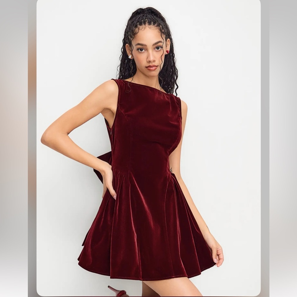 Cider VELVET BOAT NECK BOW BACKLESS MINI DRESS S RPSTOP-13 - Picture 2 of 9